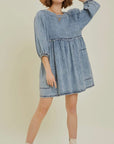 Cutout Round Neck Balloon Sleeve Denim Dress - Little Miss Vanilla