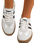 White Striped Lace-up Flat Sneakers