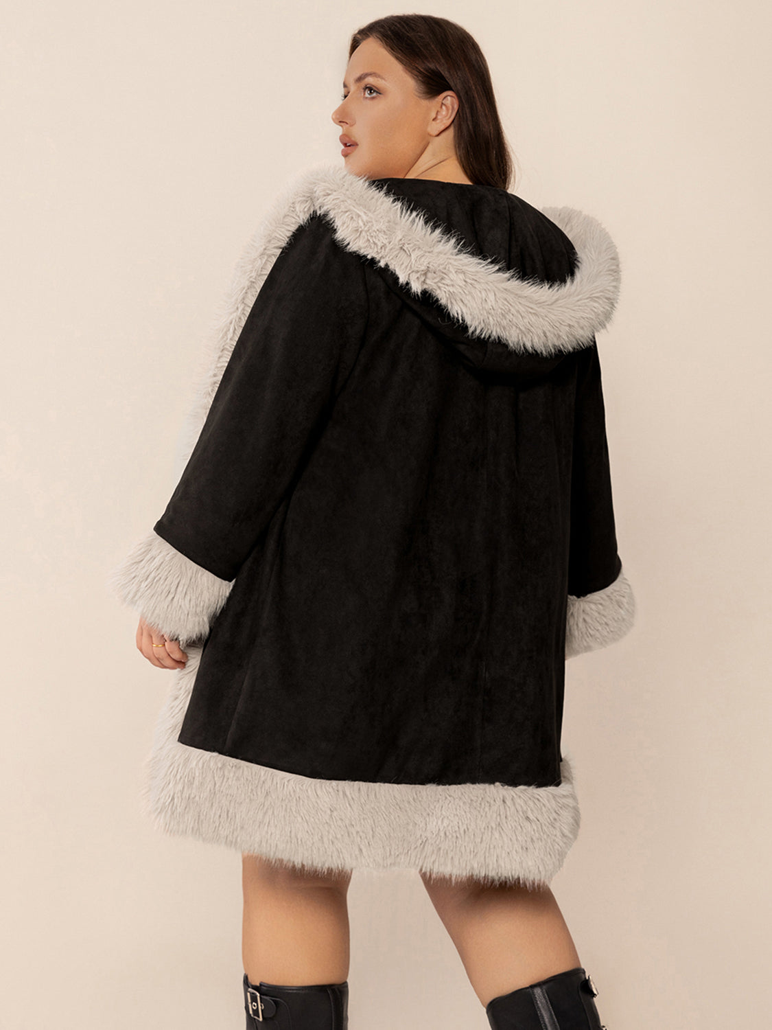 Plus Size Fuzzy Trim Open Front Long Sleeve Hooded Coat - Little Miss Vanilla