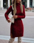 Fashion Turtleneck Knitted Dress With Slit Design Winter Warm Solid Color Pullover Long Sweater Women's Clothing