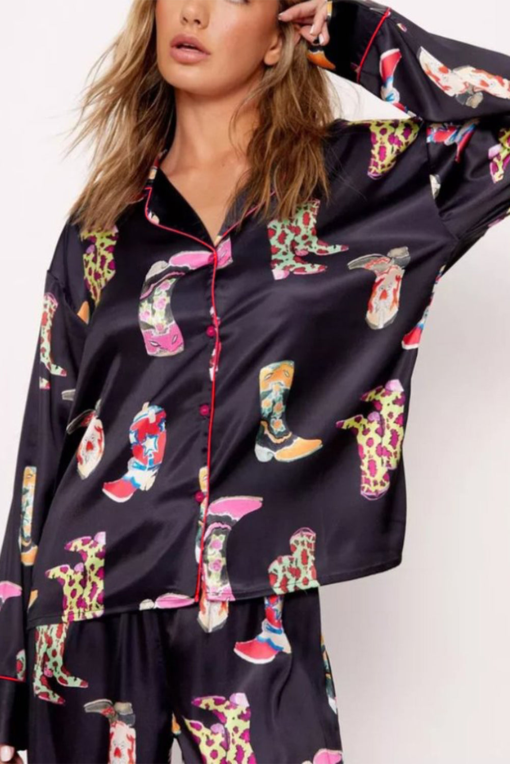 Black Western Cowgirl Boots Printed Satin Long Pajama Set - Little Miss Vanilla