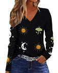 Sun Moon Star Butterfly Graphic Breathable Printed V-neck Long Sleeve T-shirt