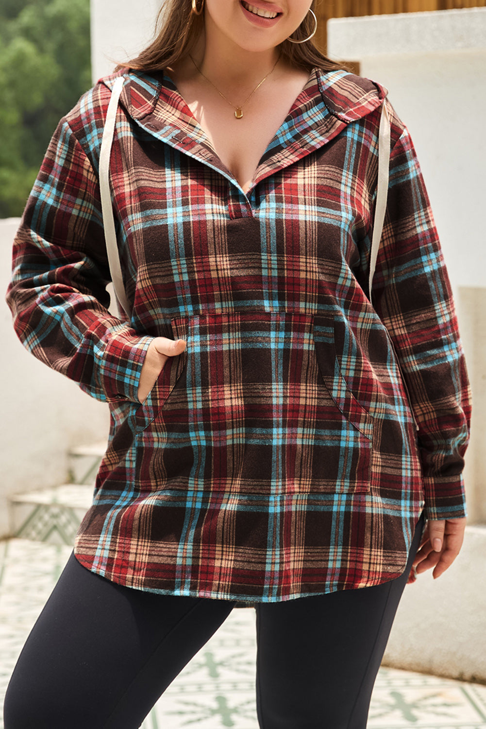 Plus Size Drawstring Plaid Quarter Button Hoodie - Little Miss Vanilla