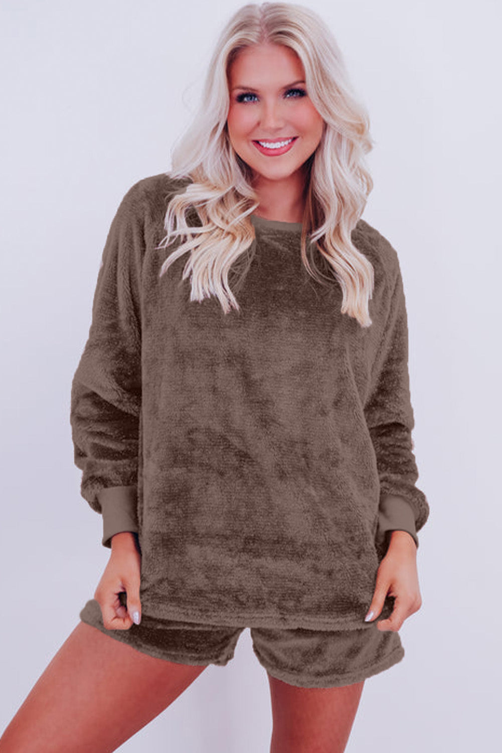 Coffee Solid Loose Fit Two Piece Fleece Lounge Set - Little Miss Vanilla