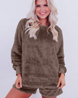 Coffee Solid Loose Fit Two Piece Fleece Lounge Set - Little Miss Vanilla