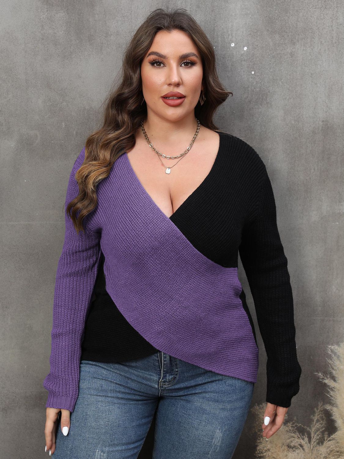 Plus Size Two-Tone Surplice Neck Sweater - Little Miss Vanilla