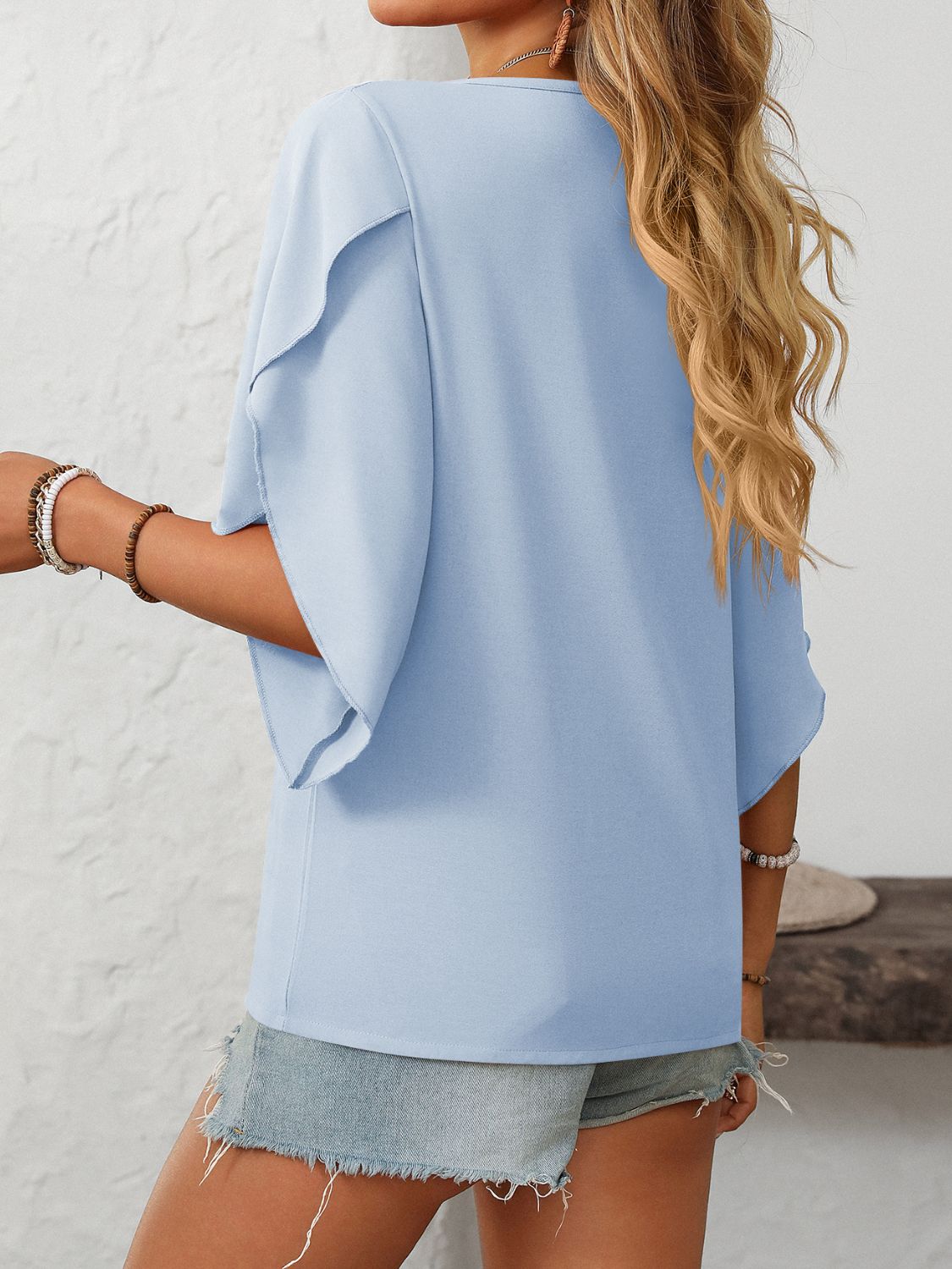 Mandy Ruffled Asymmetrical Neck Half Sleeve Blouse - Little Miss Vanilla