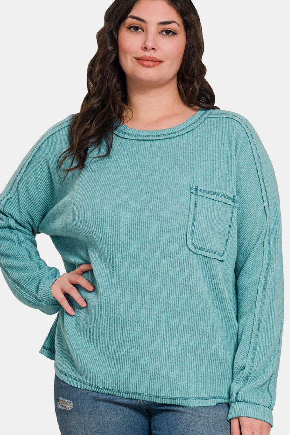 Zenana Full Size Contrast Stitching Brushed Ribbed Hacci Knit Top Plu Size - Little Miss Vanilla