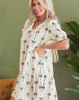 Beige Cute Bowknot Printed Bubble Sleeve V Neck Mini Dress - Little Miss Vanilla