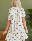 Beige Cute Bowknot Printed Bubble Sleeve V Neck Mini Dress - Little Miss Vanilla