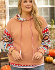 Plus Size Drawstring Geometric Long Sleeve Hoodie - Little Miss Vanilla