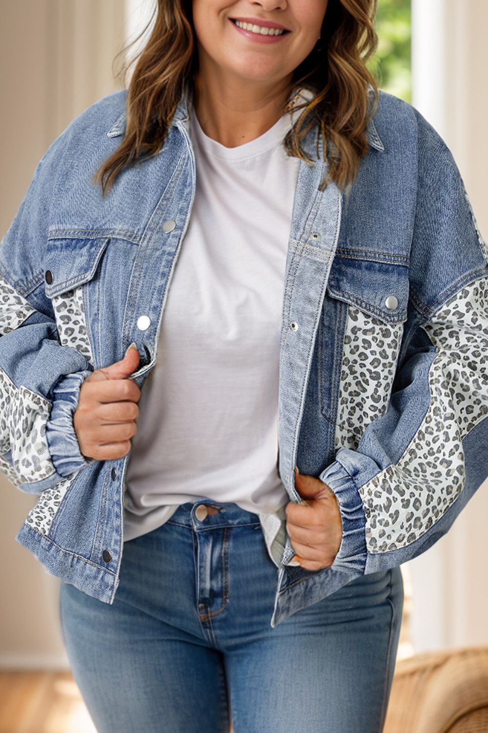 Plus Size Leopard Long Sleeve Denim Jacket - Little Miss Vanilla