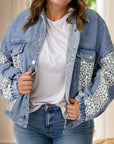 Plus Size Leopard Long Sleeve Denim Jacket - Little Miss Vanilla