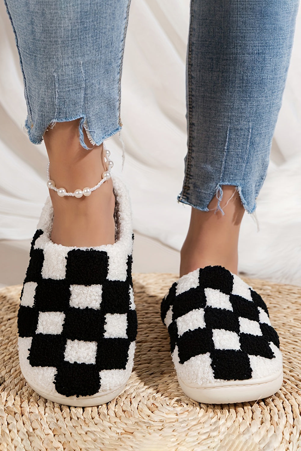 Black Checkered Print Fuzzy Slip On Winter Slippers - Little Miss Vanilla