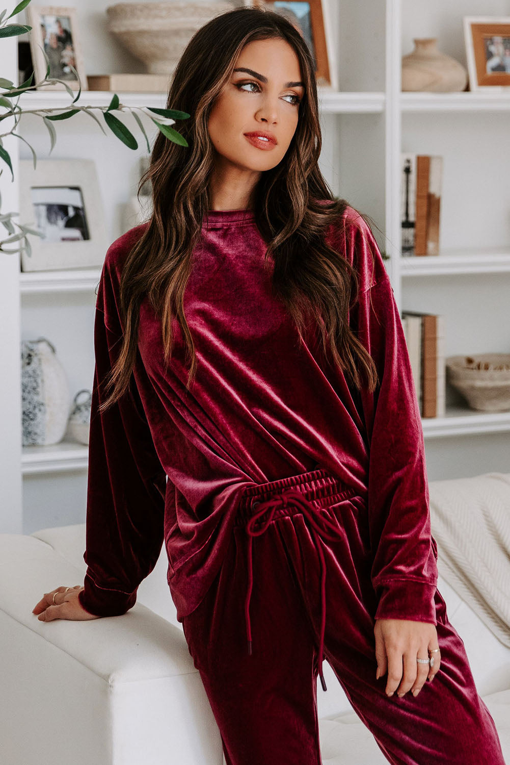 Fiery Red Solid Velvet Two Piece Lounge Set - Little Miss Vanilla