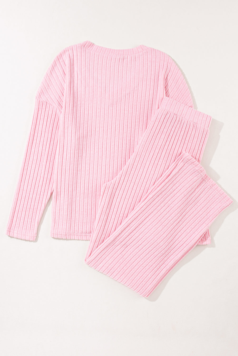 Light Pink Ribbed Knit V Neck Slouchy Two-piece Outfit - Little Miss Vanilla