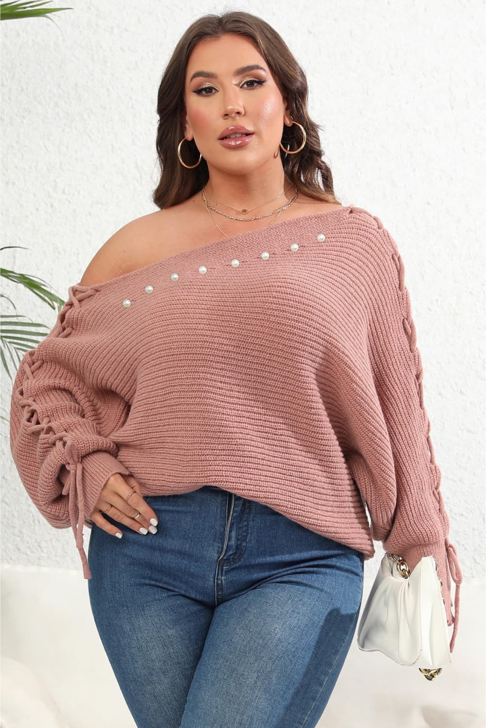 Plus Size One Shoulder Beaded Sweater - Little Miss Vanilla