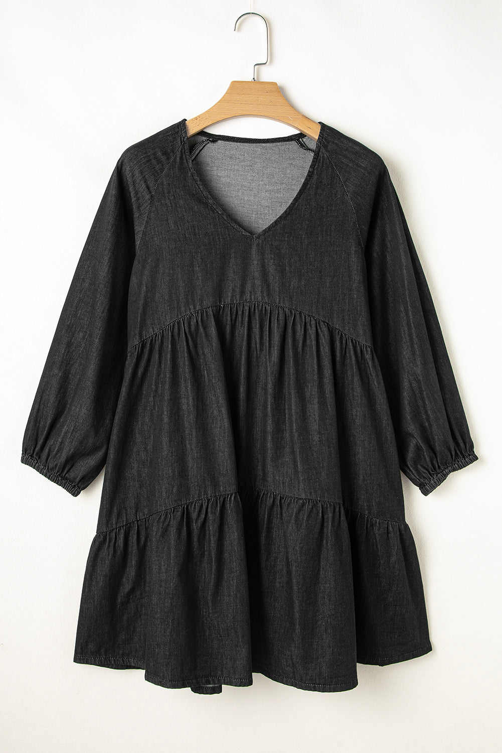 Black Puff Sleeve V Neck Tiered Ruffled Chambray Mini Dress - Little Miss Vanilla