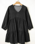 Black Puff Sleeve V Neck Tiered Ruffled Chambray Mini Dress - Little Miss Vanilla