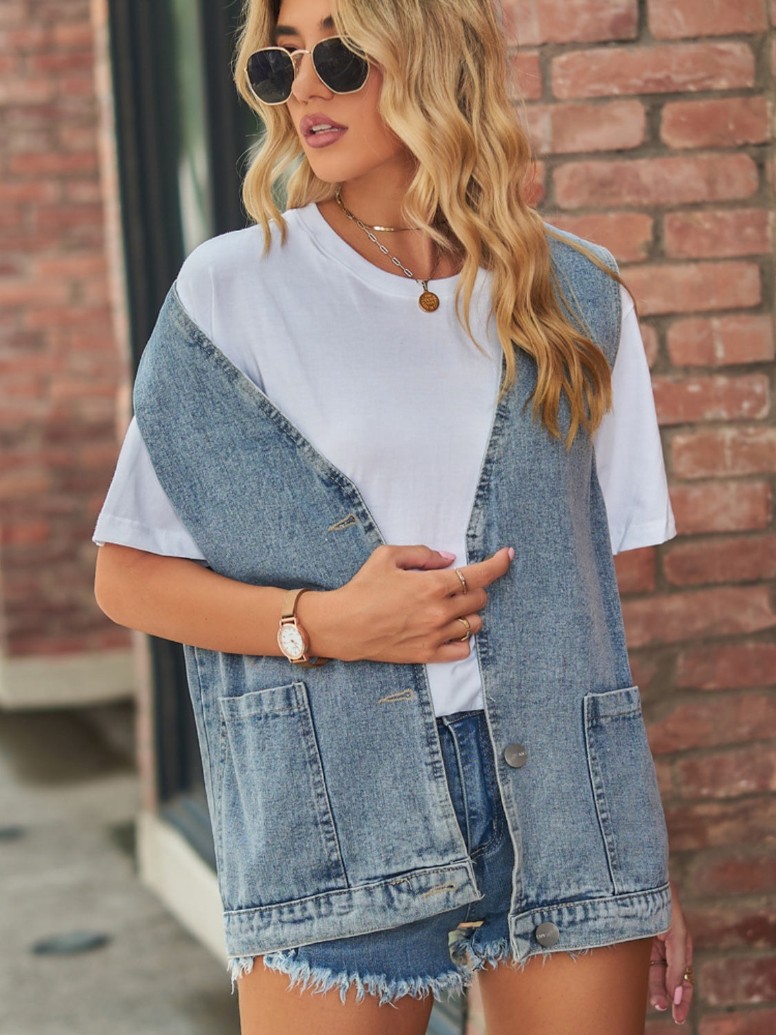 Full Size V-Neck Button Up Denim Vest - Little Miss Vanilla