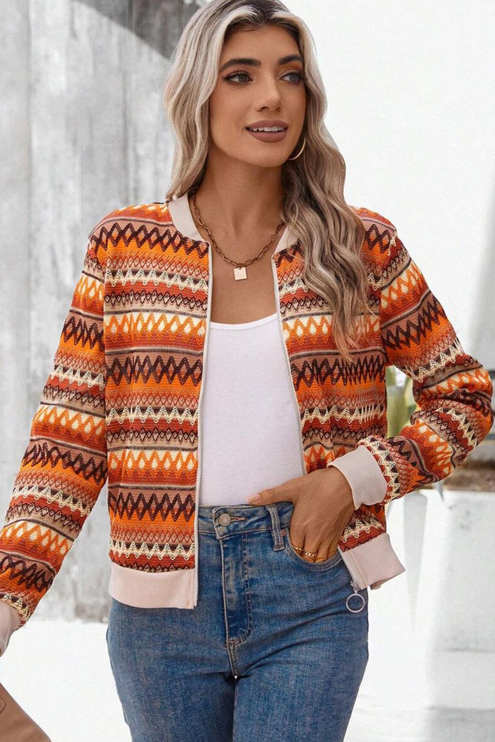 Orange Boho Striped Zip Up Long Sleeve Jacket - Little Miss Vanilla