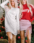 Silvery Sequin Long Sleeve Tie Waist Mini Dress - Little Miss Vanilla