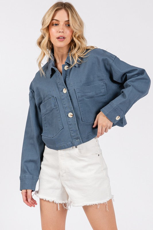 bytos Button Down Cropped Denim Jacket with Patch Pockets - Little Miss Vanilla