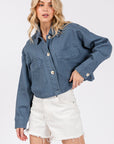 bytos Button Down Cropped Denim Jacket with Patch Pockets - Little Miss Vanilla