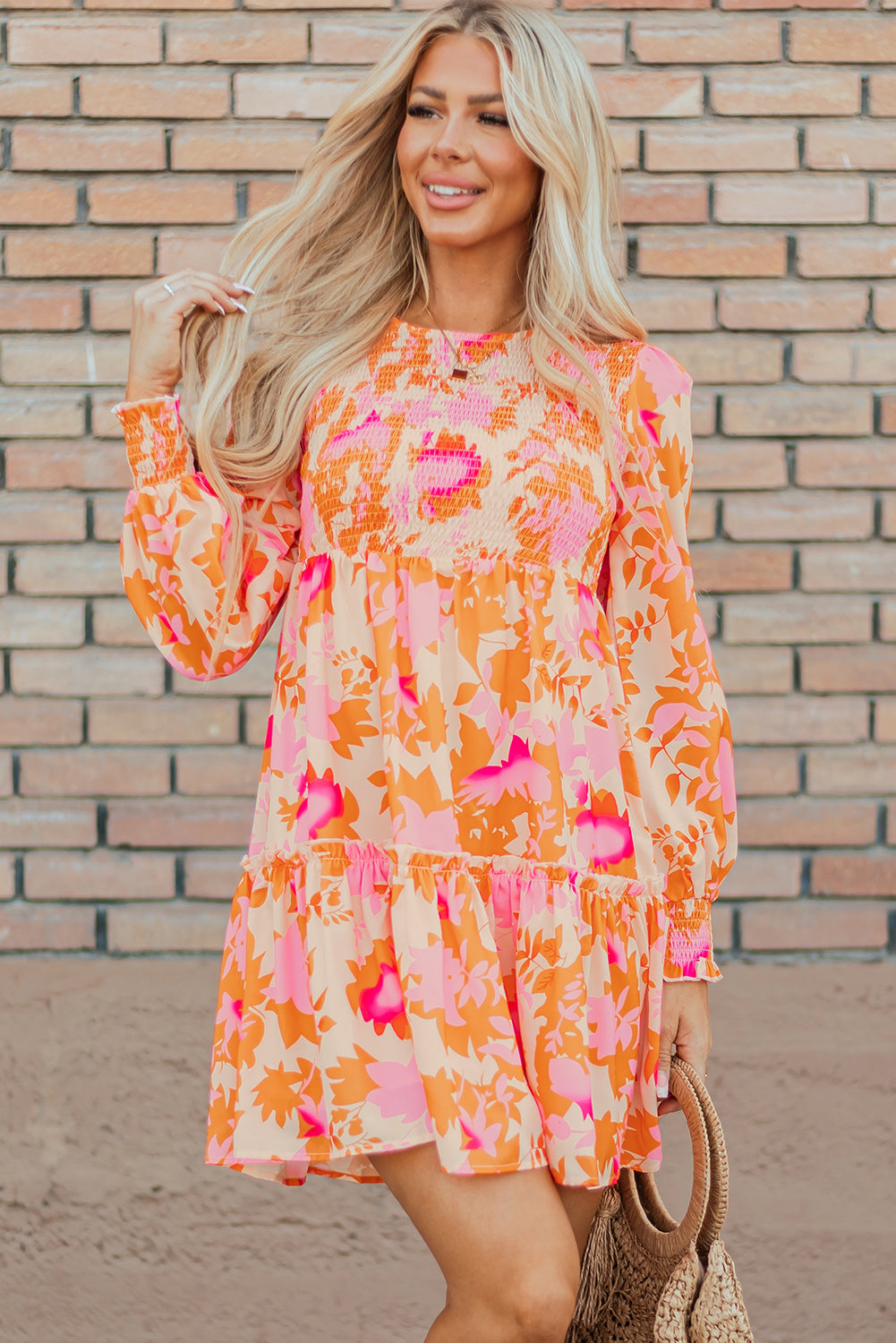 Orange Abstract Print Smocked Lantern Sleeve Ruffle Mini Dress - Little Miss Vanilla