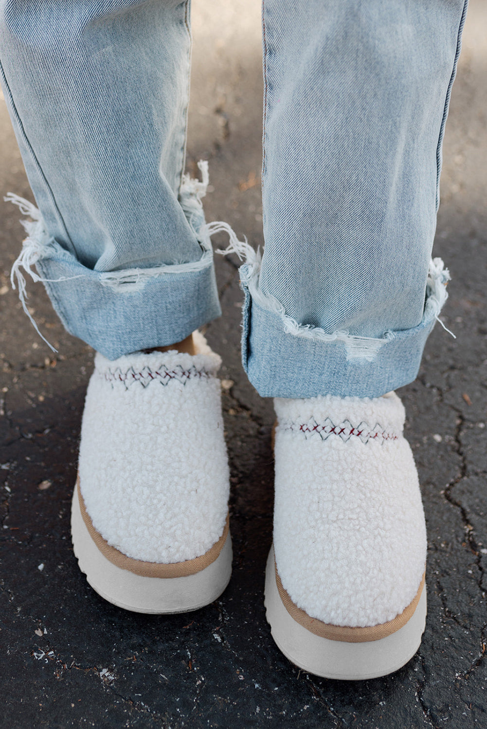 White Embroidered Sherpa Plush Thick Sole Winter Slippers - Little Miss Vanilla