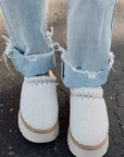 White Embroidered Sherpa Plush Thick Sole Winter Slippers - Little Miss Vanilla