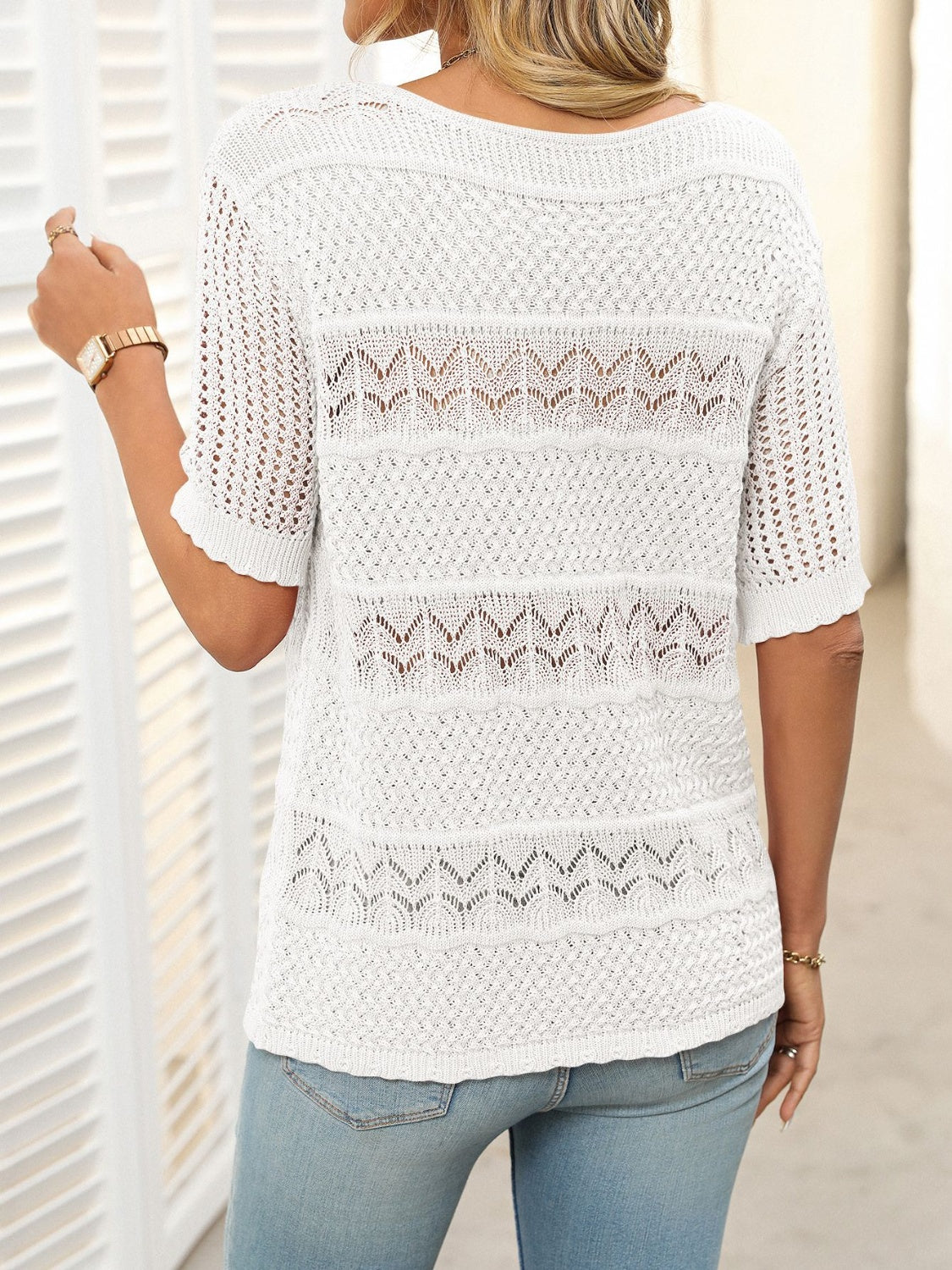 Mandy Openwork Round Neck Half Sleeve Knit Top - Little Miss Vanilla