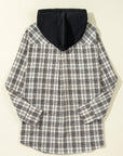 Black Checkered Print Loose Fit Buttoned Hooded Shacket