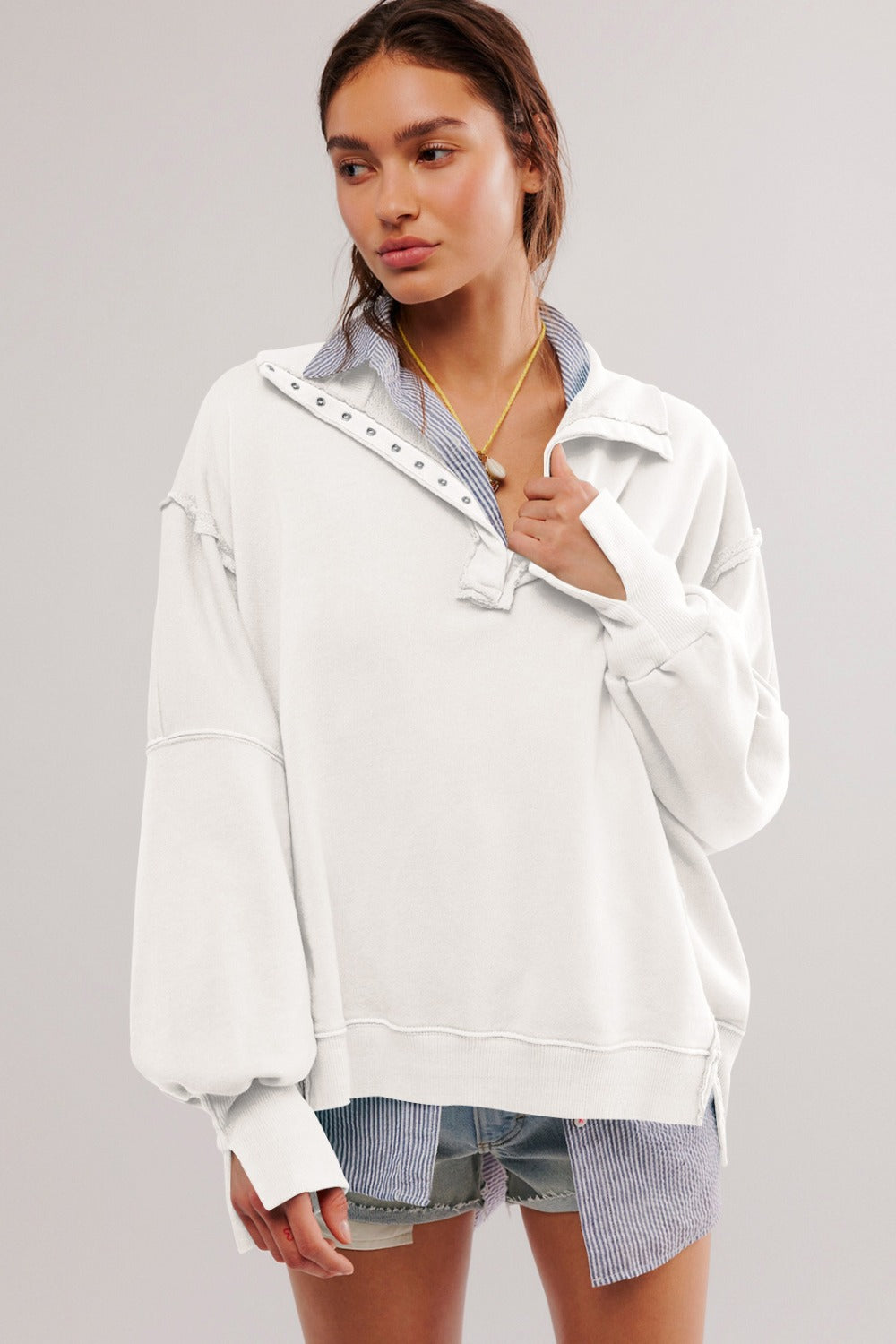 Exposed Seam Side Slit Long Sleeve Sweatshirt - Little Miss Vanilla