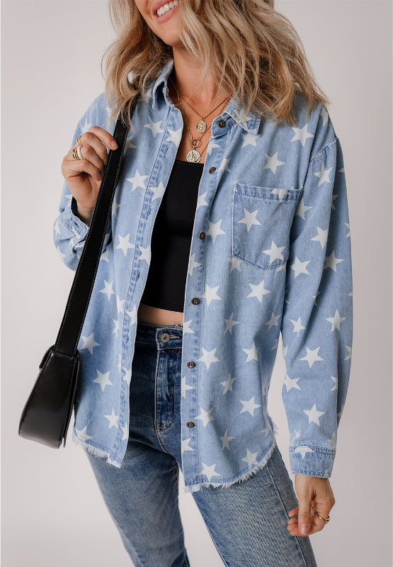 Raw Hem Star Collared Neck Denim Top - Little Miss Vanilla