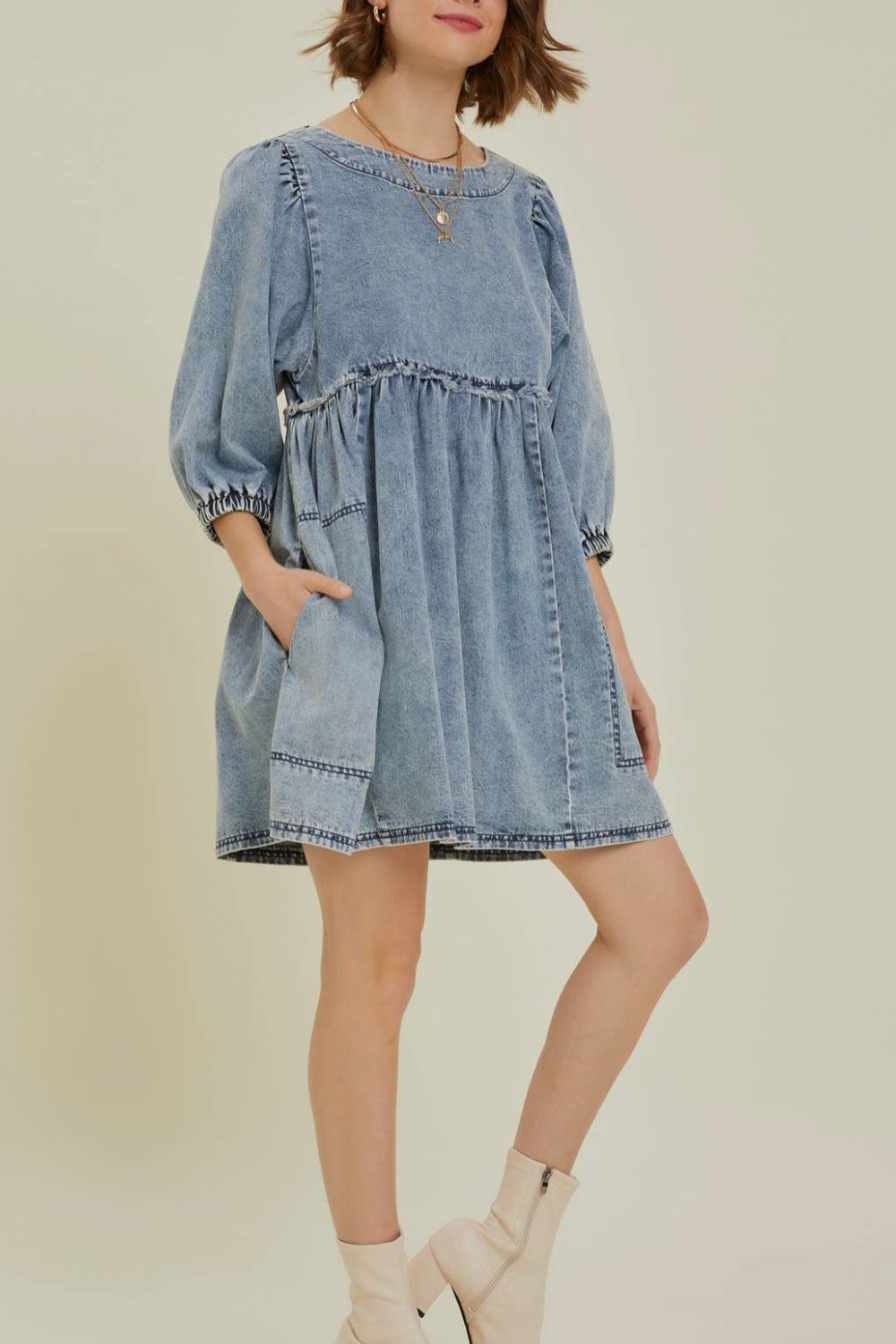 Cutout Round Neck Balloon Sleeve Denim Dress - Little Miss Vanilla