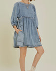 Cutout Round Neck Balloon Sleeve Denim Dress - Little Miss Vanilla