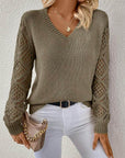 Solid V-neck Pullover Sweater With Hollow Long Sleeve Fashion Tops For Women Clothing