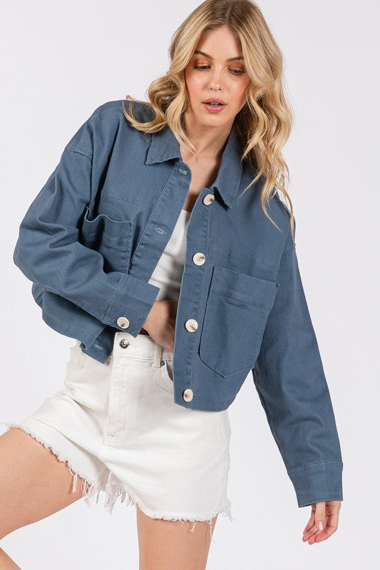 bytos Button Down Cropped Denim Jacket with Patch Pockets - Little Miss Vanilla