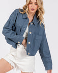 bytos Button Down Cropped Denim Jacket with Patch Pockets - Little Miss Vanilla