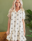 Beige Cute Bowknot Printed Bubble Sleeve V Neck Mini Dress - Little Miss Vanilla