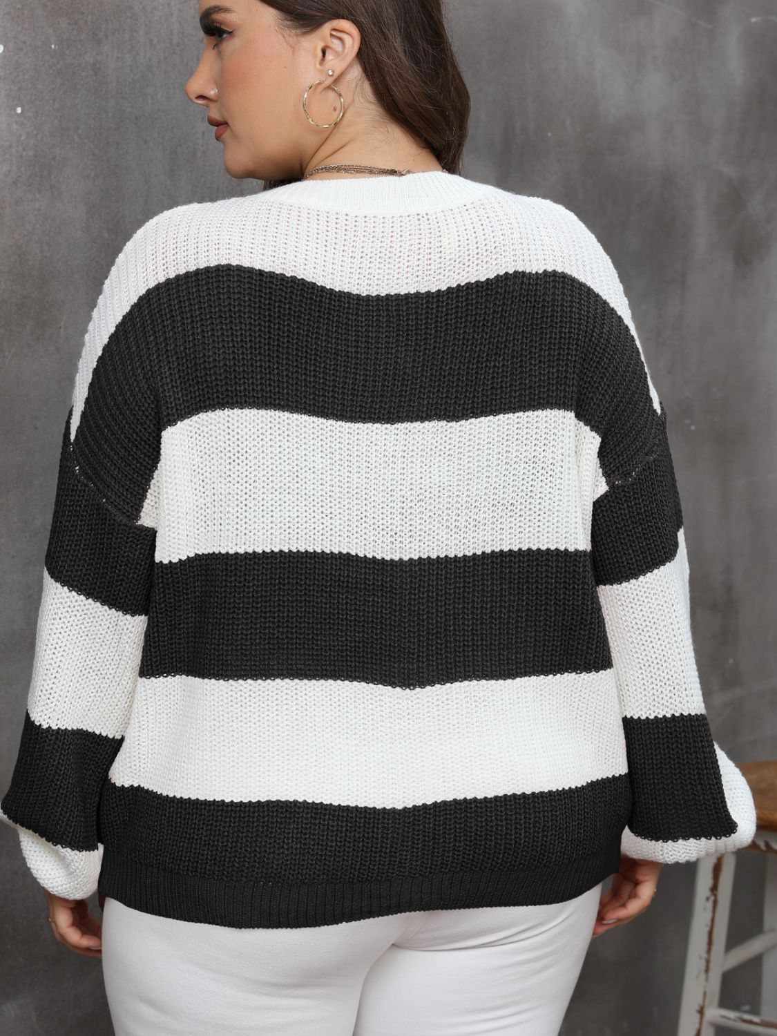 Plus Size Striped Round Neck Long Sleeve Sweater - Little Miss Vanilla