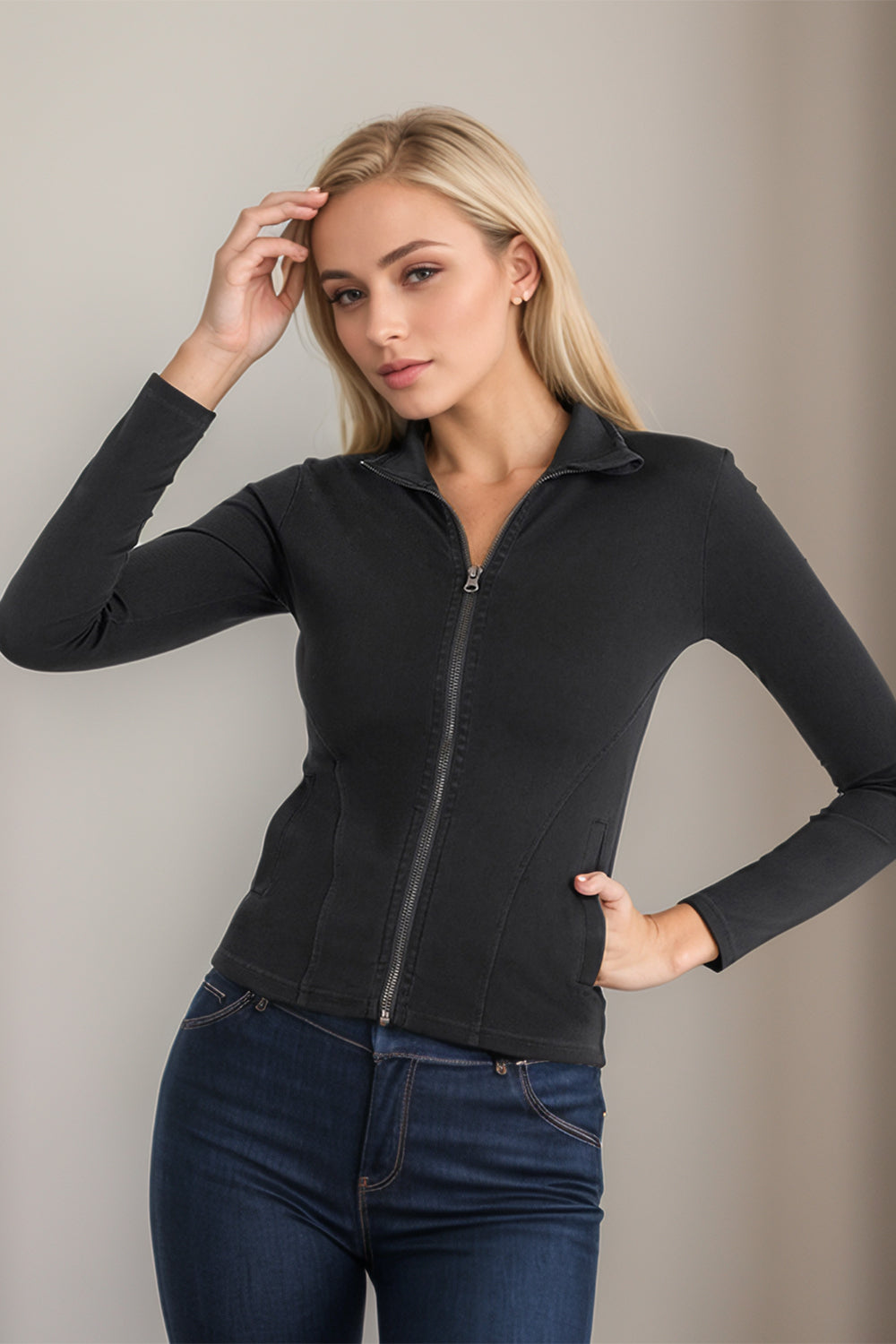 Basic Bae Pocketed Turtleneck Zip Up Denim Top - Little Miss Vanilla