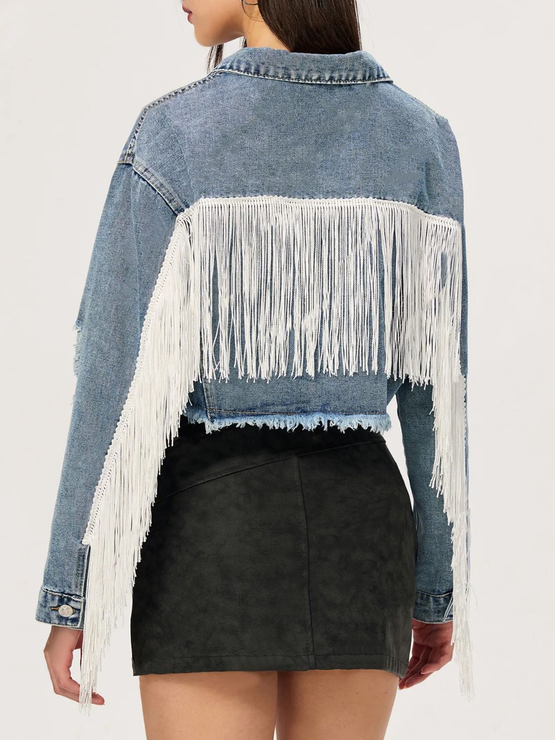 Distressed Fringe Collared Neck Cropped Denim Top - Little Miss Vanilla