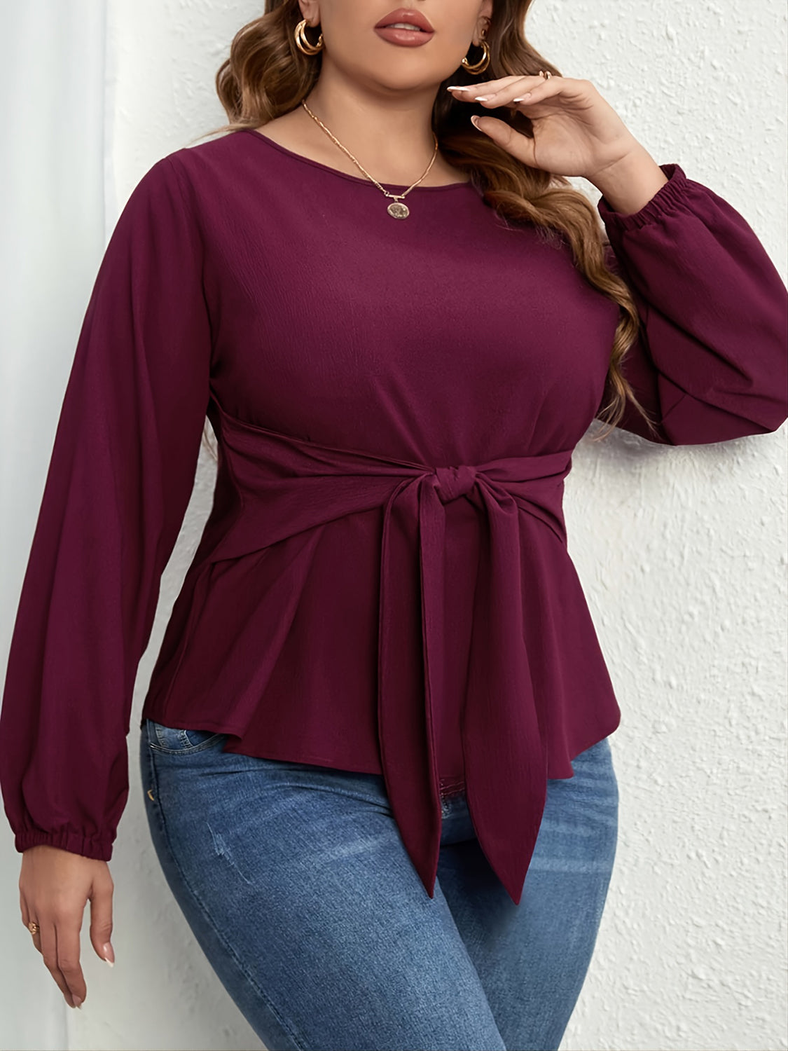 Plus Size Tie Front Long Sleeve Blouse - Little Miss Vanilla