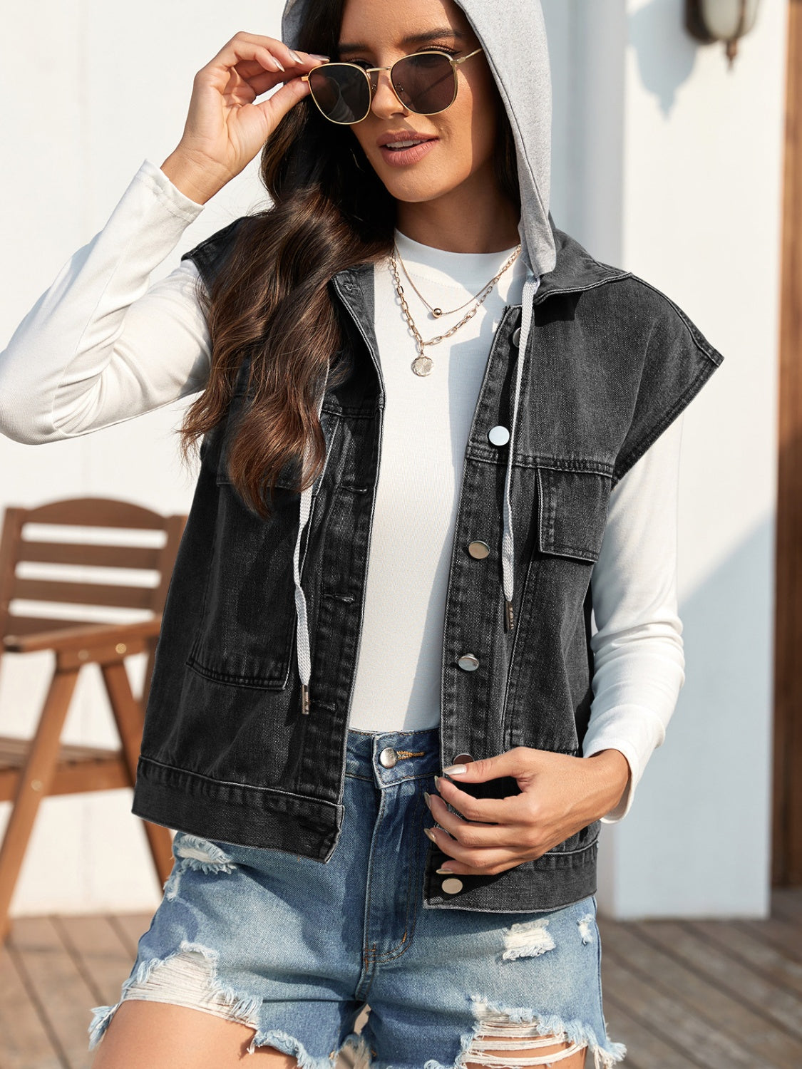 Drawstring Button Up Sleeveless Denim Jacket - Little Miss Vanilla