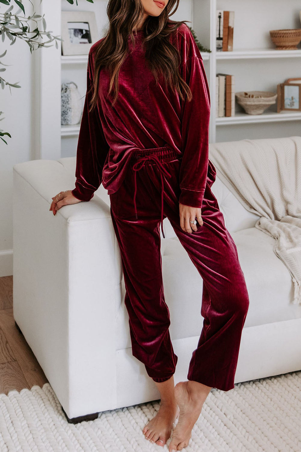 Fiery Red Solid Velvet Two Piece Lounge Set - Little Miss Vanilla