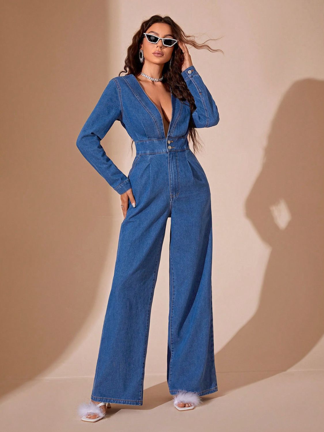 Plunge Long Sleeve Wide Leg Denim Jumpsuit - Little Miss Vanilla