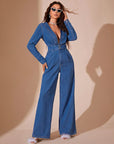 Plunge Long Sleeve Wide Leg Denim Jumpsuit - Little Miss Vanilla