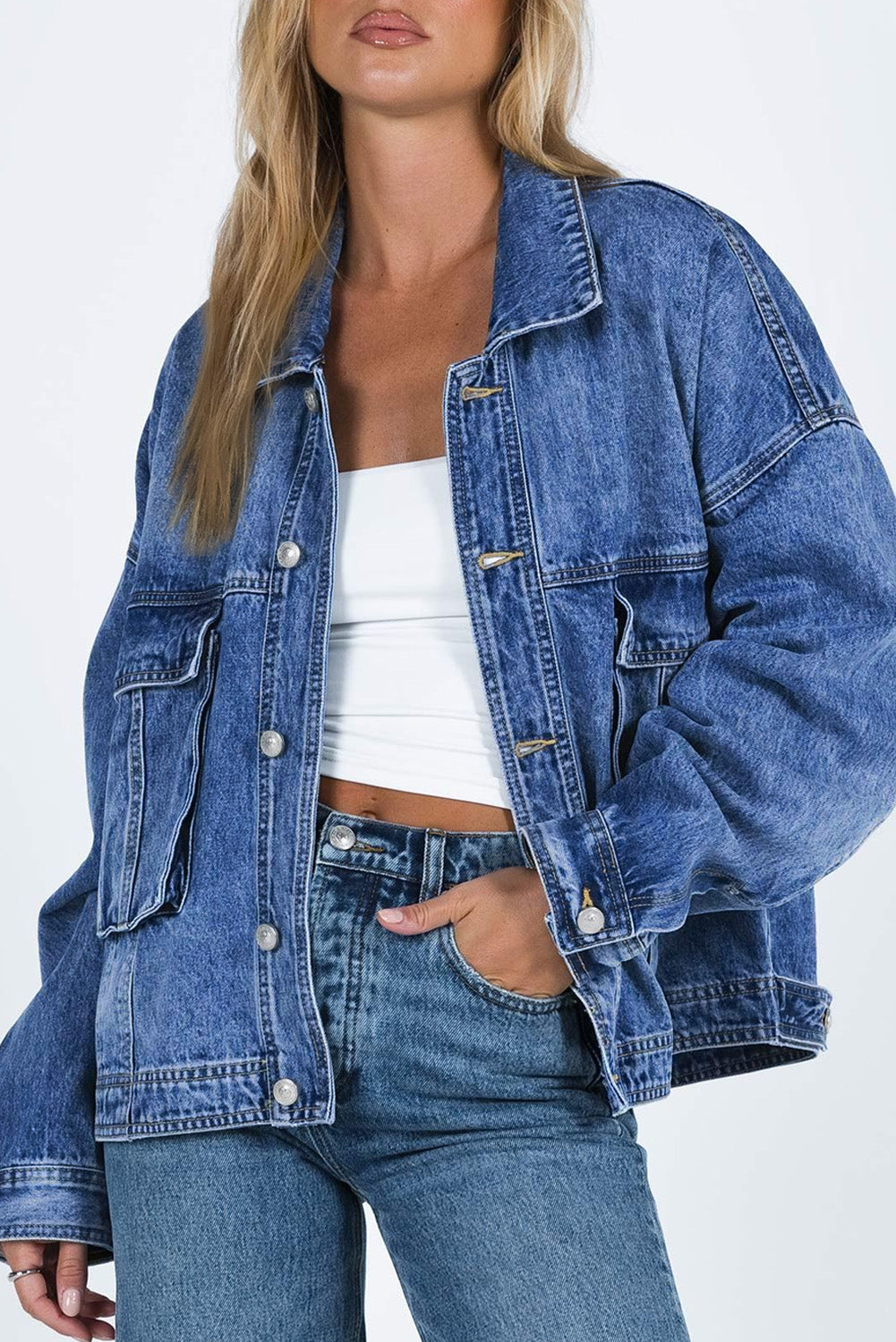 Blue Chest Pockets Drop Shoulder Loose Denim Jacket - Little Miss Vanilla